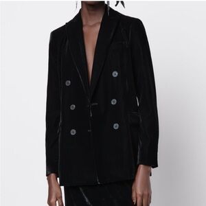 Zara Classic Double Breasted Black Velvet Blazer